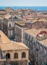 Panoramic sight in Catania from the dome of the Badia di Sant`Agata, with the mediterranean sea in the backogrund. Sicily, Italy.