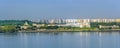 Panorama of the Johor strait coast with Pasir Ris Coast Industrial Parks in Singapore with Punggol Town on the background Royalty Free Stock Photo