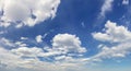 Panoramic sky - real blue sky during daytime with white light clouds Freedom and peace. Large photo format Cloudscape blue sky Royalty Free Stock Photo