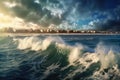 panoramic skyline of coastal city with waves crashing on shore