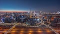 Panoramic skyline of Dubai with business bay and downtown district day to night timelapse. Royalty Free Stock Photo