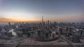Panoramic skyline of Dubai with business bay and downtown district day to night timelapse. Royalty Free Stock Photo
