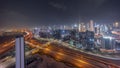 Panoramic skyline of Dubai with business bay and downtown district night timelapse. Royalty Free Stock Photo