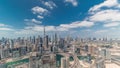 Panoramic skyline of Dubai with business bay and downtown district timelapse. Royalty Free Stock Photo