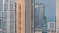 Panoramic skyline of Dubai with business bay and downtown district timelapse. Royalty Free Stock Photo