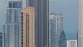 Panoramic skyline of Dubai with business bay and downtown district timelapse. Royalty Free Stock Photo