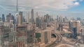 Panoramic skyline of Dubai with business bay and downtown district timelapse. Royalty Free Stock Photo