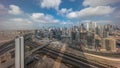 Panoramic skyline of Dubai with business bay and downtown district timelapse. Royalty Free Stock Photo