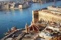 Panoramic skyline view of ancient defences of Valletta, Tree cities and the Grand Harbor, Malta Royalty Free Stock Photo