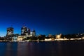 Panoramic skyline view of Bank and Canary Wharf, central London`s leading financial districts with famous skyscrapers at golden h