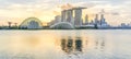 Panoramic skyscrapers from Singapore business district along Marina Bay East river at sunset Royalty Free Stock Photo