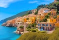 Panoramic of a small and colorful Mediterranean coastal village between the sea and the mountains