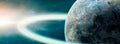 Panoramic space scene. Planet with ring and nebula.. Elements furnished by NASA. 3D rendering Royalty Free Stock Photo