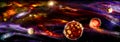 Panoramic space view of nebulae and burning stone exoplanets