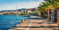 Panoramic spring cityscape of Argostoli port. Colorful morning scene of Kefalonia island, Greece, Europe. Beautiful seascape of Royalty Free Stock Photo