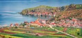 Panoramic spring cityscape of Lin town. Sunny morning scene of Ohrid lake Royalty Free Stock Photo