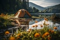 Panoramic spring landscape with tent on the edge of a lake