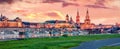 Panoramic spring sunset on Elbe river with Academy of Fine Arts and Baroque church Frauenkirche cathedral on background