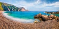 Panoramic spring view of famous Petani Beach. Splendid morning scene of Cephalonia Island, Greece, Europe. Fantastic seascape of