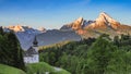 Panoramic view of Maria Gern church with snow-capped summit of Watzmann mountain Royalty Free Stock Photo