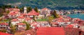 Panoramic spring view of Ohrid town. Amazing morning scene of Ohrid lake, Royalty Free Stock Photo