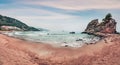 Panoramic spring view of Pelekas beach. Amazing morning seascape of Ionian Sea. Beautiful landscape of Corfu island, Kontogialos Royalty Free Stock Photo