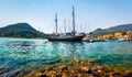 Panoramic spring view of port Nydri. Colorful morning seascape of Ionian Sea. Sunny outdoor scene of Lefkada island, Greece, Europ