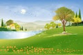 Panoramic of spring village with lake view and mountains with blue sky,Vector cartoon Spring landscape, Panorama countryside in Royalty Free Stock Photo