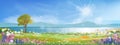 Panoramic of spring village with lake view and mountains with blue sky,Vector cartoon Spring landscape, Panorama countryside in Royalty Free Stock Photo