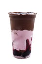 Panoramic still life of colorful frozen fruit granita drinks flowing in plastic takeaway cups with ice cream straws