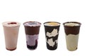 Panoramic still life of colorful frozen fruit granita drinks flowing in plastic takeaway cups with ice cream straws