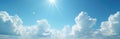 Panoramic summer banner. Blue sky with fluffy white clouds on light sunny day. Clear bright skyline, ecology backdrop for web Royalty Free Stock Photo
