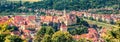 Panoramic summer cityscape of Sighisoara with Clock Tower and City Hall. Bright afternoon view of medieval town of Transylvania, R