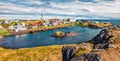 Panoramic summer cityscape of small fishing town - Stykkisholmur. Sunny morning scene of west Iceland, Europe. Royalty Free Stock Photo