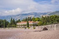 Panoramic summer landscape of the beautiful green Royal park Milocer on the shore of the the Adriatic Sea, Montenegro Royalty Free Stock Photo