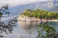 Panoramic summer landscape of the beautiful green Royal park Milocer on the shore of the the Adriatic Sea, Montenegro Royalty Free Stock Photo