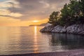 Panoramic summer landscape of the beautiful green Royal park Milocer on the shore of the the Adriatic Sea, Montenegro Royalty Free Stock Photo