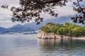 Panoramic summer landscape of the beautiful green Royal park Milocer on the shore of the the Adriatic Sea, Montenegro Royalty Free Stock Photo