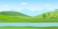 Panoramic summer landscape. Rural scenery with river, green hills and mountains.