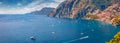 Panoramic summer seascape of Mediterranean sea with Positano town on bachground, Italy, Europe. Royalty Free Stock Photo