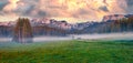 Panoramic summer sunrise scene of Durmitor Nacionalni Park. Dramatic morning view of Montenegro countryside, Zabljak town location Royalty Free Stock Photo