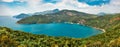 Panoramic summer view of azure water bay, near Parga town. Green morning seascape of Ionian Sea. Beautiful outdoor scene of Greece Royalty Free Stock Photo