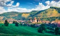 Panoramic summer view of Fortified Church of Biertan, UNESCO World Heritage Sites since 1993. Colorful morning cityscape of Bierta