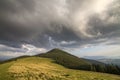 Panoramic summer view, green grassy valley on distant woody mountains background under cloudy sky