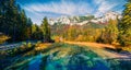 Panoramic summer view of Hintersee lake. Picturesque morning scene of Bavarian Alps on the Austrian border, Germany, Europe. Beaut Royalty Free Stock Photo