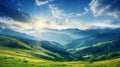 Panoramic summer view of mountain hills and valleys of Carpathian mountains.