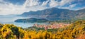 Panoramic summer view of Palaia Epidavros town. Bright morning scene of Peloponnese, Greece.
