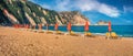 Panoramic summer view of Petani Beach. Attractive morning landscape of Cephalonia Island, Greece, Europe. Beautiful seascape of Me Royalty Free Stock Photo