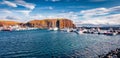 Panoramic summer view of port of Stykkisholmur town.