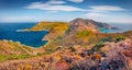 Panoramic summer view of Porto Kagio, seaside village in the East Mani.